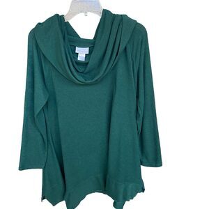 Soft Surroundings Womens Sweaters Large Green Cowl Neck Rayon Blend Side Slit